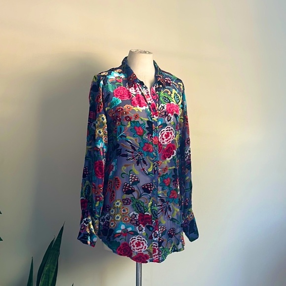 Johnny Was Velvet BURNOUT Velvet Minto Yrene Button Down Blouse RARE Sz Med NEW - Picture 4 of 7